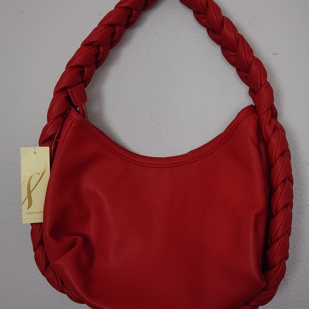 Elegant Red Braided Handle Tote Bag